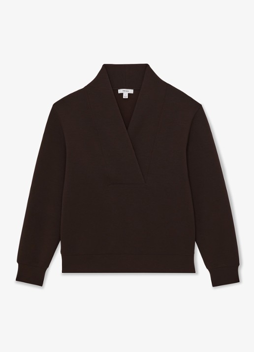 Reiss ANNABEL Premium Interlock Shawl-Neck Sweatshirt with Modal - voorkant 4 chocoladebruin
