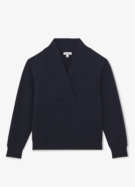 Reiss ANNABEL Premium Interlock Shawl-Neck Sweatshirt with Modal - voorkant 5 donkerblauw