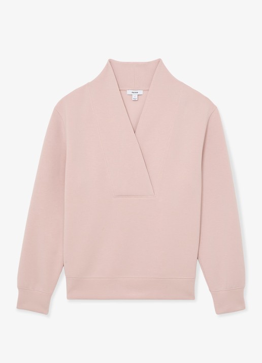 Reiss ANNABEL Premium Interlock Shawl-Neck Sweatshirt with Modal - voorkant 4 roze