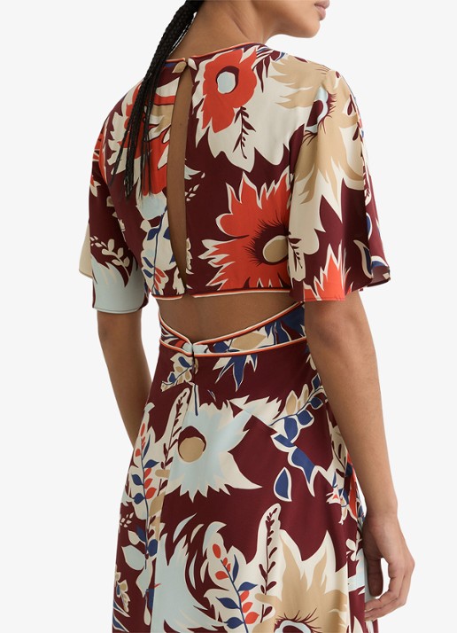 Reiss Asha midi jurk met print en cut-out details - achterkant 5 bordeauxrood