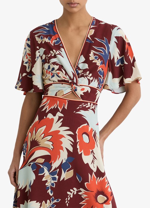 Reiss Asha midi jurk met print en cut-out details - detail bordeauxrood