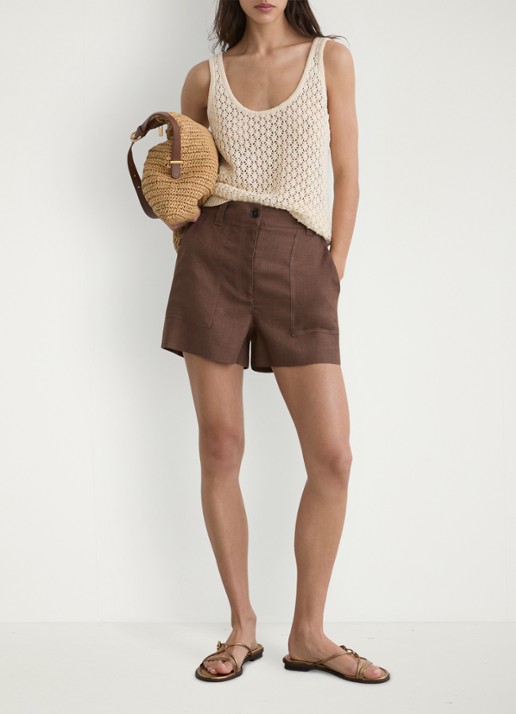 Reiss ASHBY Linen Shorts - voorkant 2 chocoladebruin