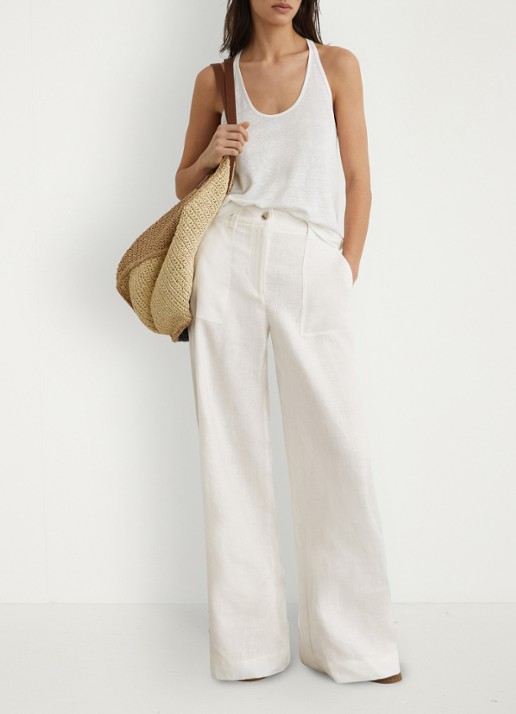 Reiss Ashby mid waist wide fit broek van linnen met steekzakken - voorkant 2 wit