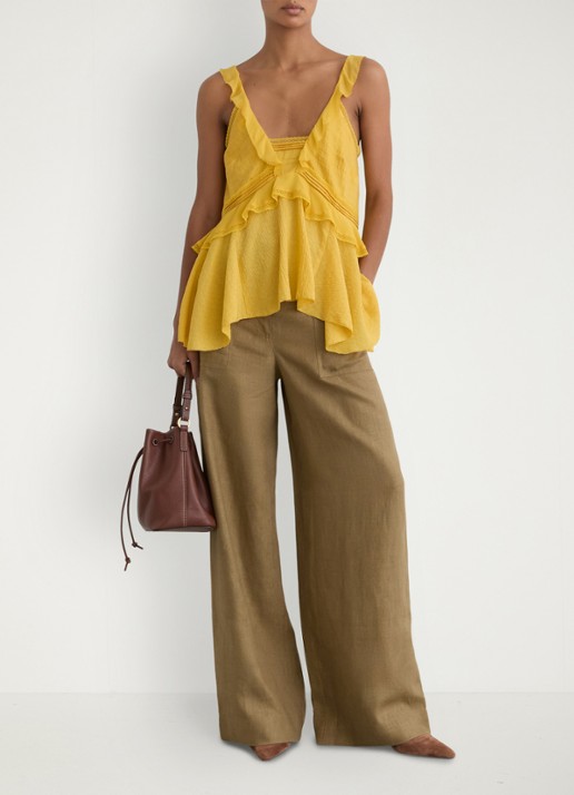 Reiss Ashby mid waist wide fit broek van linnen met steekzakken - voorkant 2 khaki