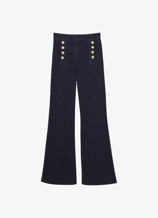 Reiss Athena high waist flared jeans met knoopdetail - voorkant donkerblauw