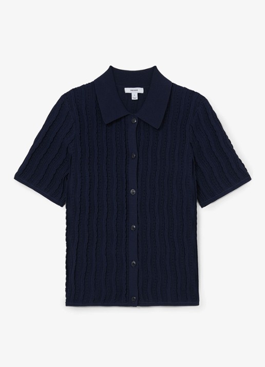 Reiss Audrey blouse met structuur - voorkant donkerblauw