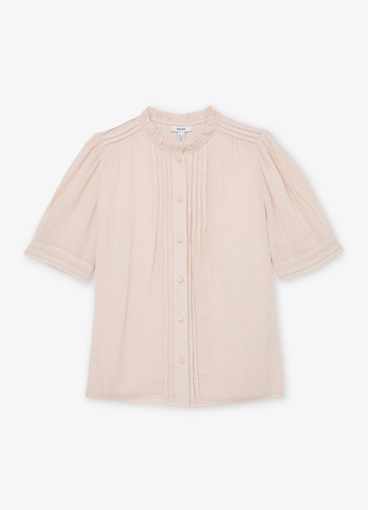 Reiss AURELIA Cotton Cheesecloth Frill-Neck Top - voorkant roze