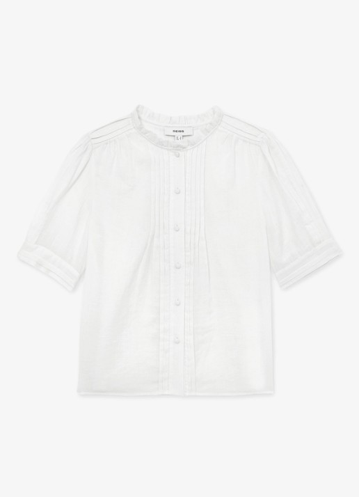 Reiss AURELIA Cotton Cheesecloth Frill-Neck Top - voorkant wit