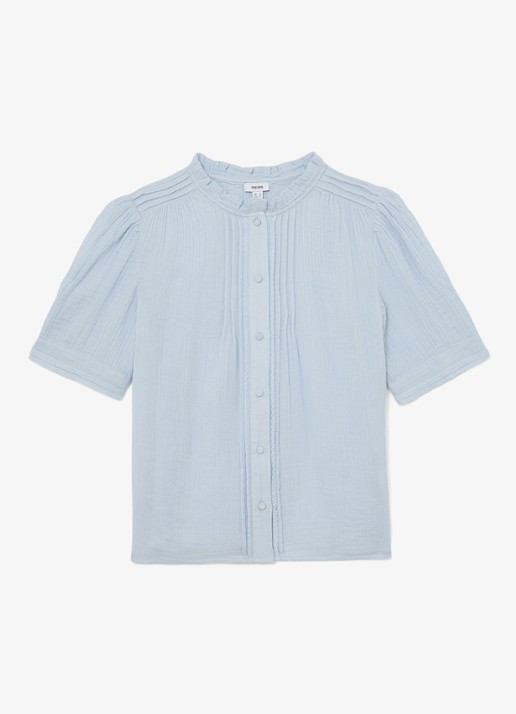 Reiss AURELIA Cotton Cheesecloth Frill-Neck Top - voorkant 5 lichtblauw