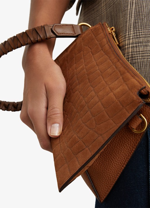 Reiss Avery schoudertas met suède details en crocostructuur - voorkant 2 tan / beige