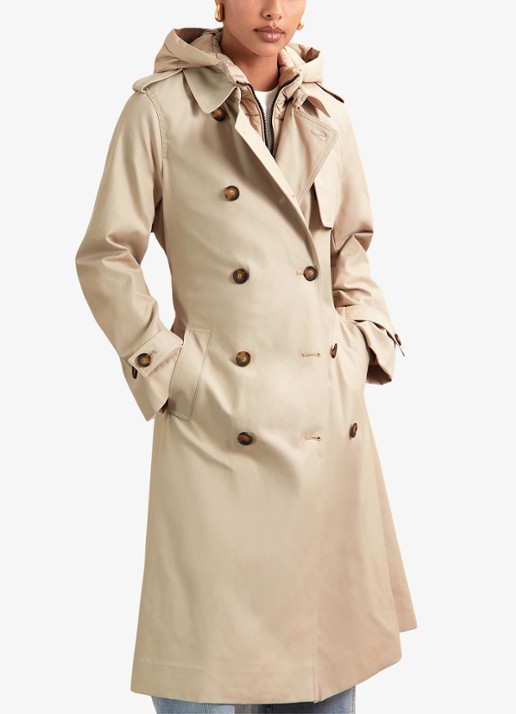 Reiss Azura double-breasted trenchcoat met afneembare capuchon - detail beige