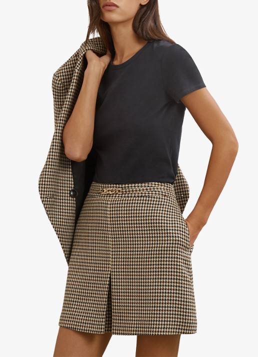 Reiss Beatrix minirok in wolblend met pied-de-poule dessin  - voorkant 3 beige