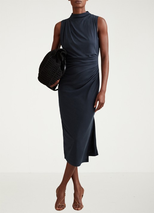 Reiss Beaux midi jurk met plooidetail - detail 3 donkerblauw
