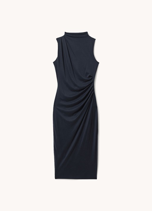 Reiss Beaux midi jurk met plooidetail - voorkant donkerblauw