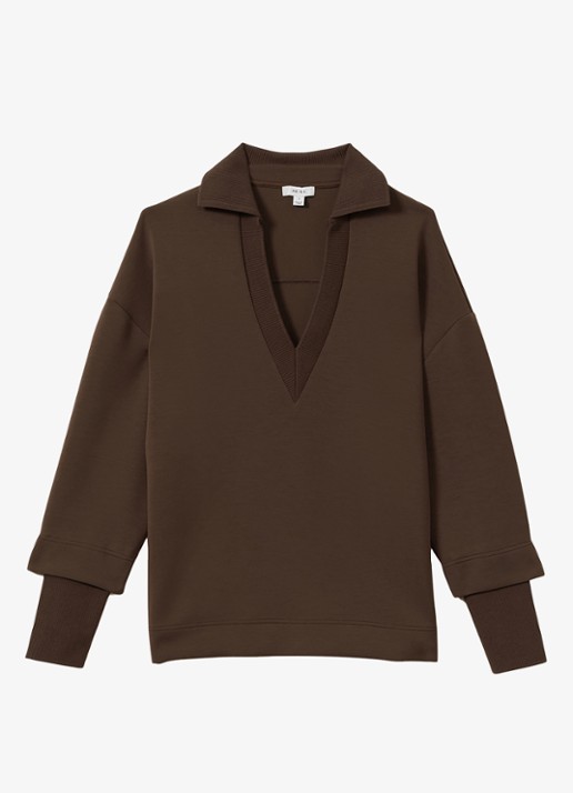 Reiss Bernie pullover met V-hals - voorkant 4 chocoladebruin