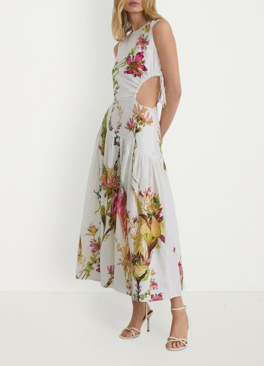 Reiss Bianca midi jurk van linnen met cut-out detail - detail 4 wit