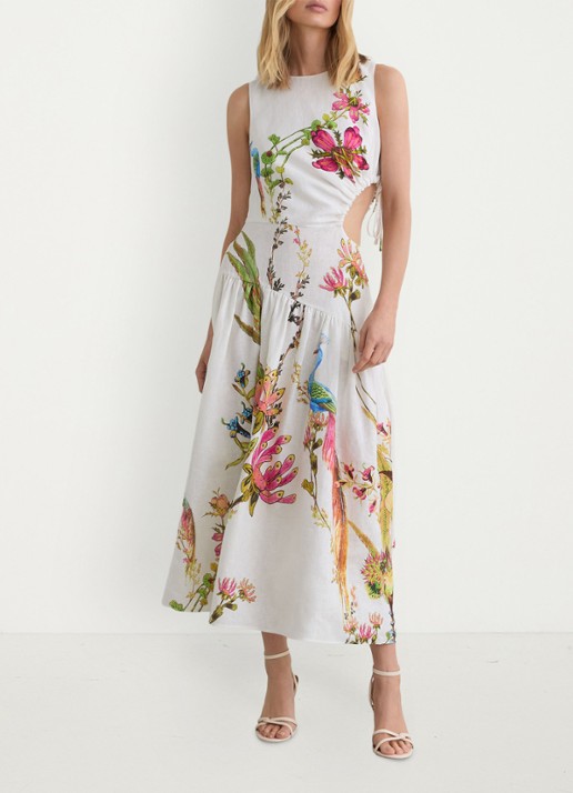 Reiss Bianca midi jurk van linnen met cut-out detail - voorkant 3 wit