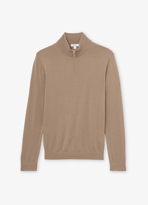 Reiss Blackhall fijngebreide trui van wol met halve rits  - voorkant 5 camel