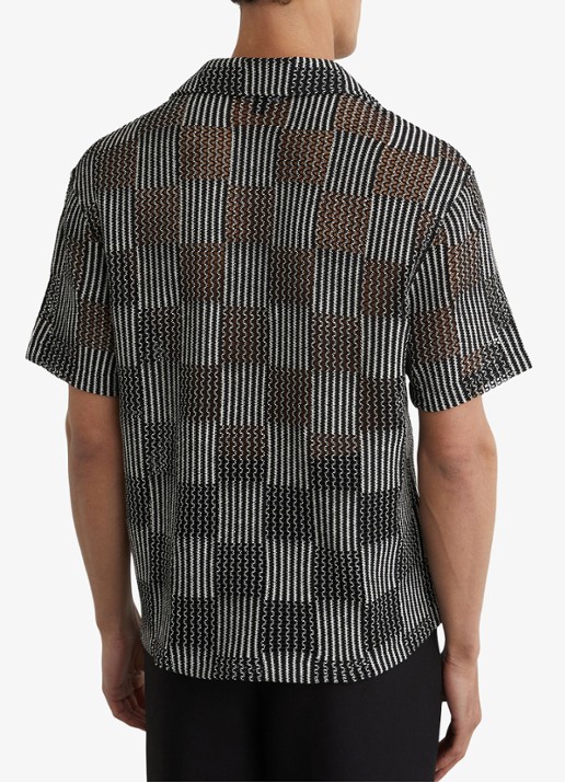 Reiss CARLOS Checkerboard Crochet Cuban Collar Shirt - achterkant black / zwart