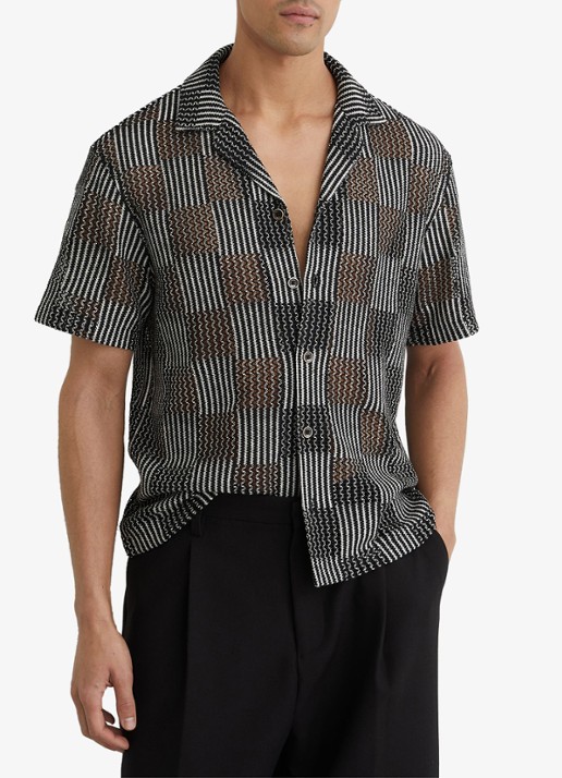 Reiss CARLOS Checkerboard Crochet Cuban Collar Shirt