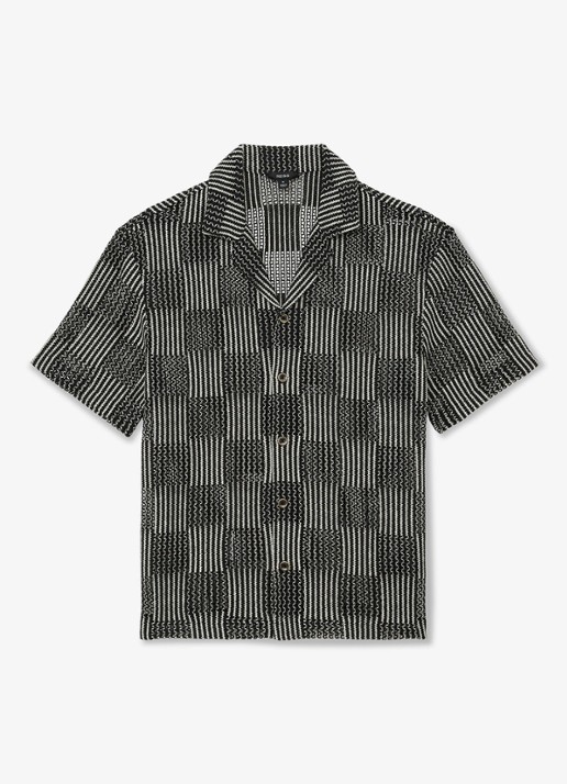 Reiss CARLOS Checkerboard Crochet Cuban Collar Shirt - voorkant 8 black / zwart