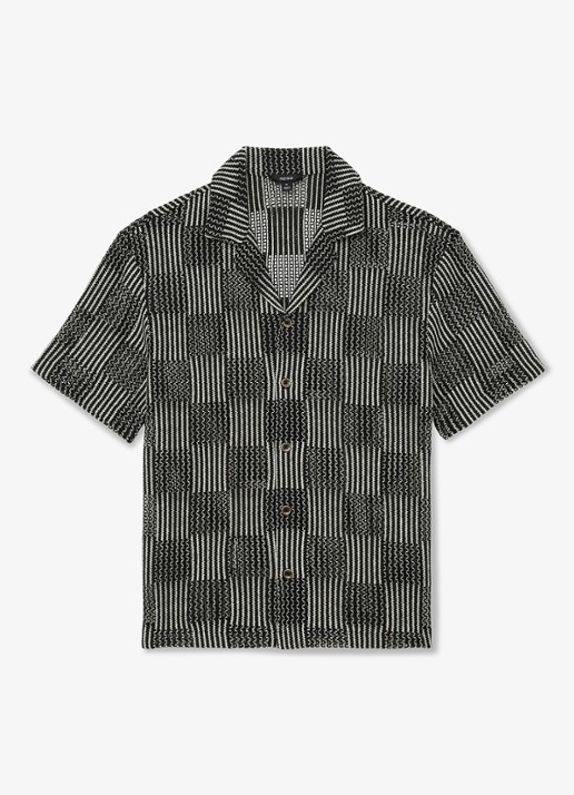 Reiss CARLOS Checkerboard Crochet Cuban Collar Shirt - voorkant 10 black / zwart