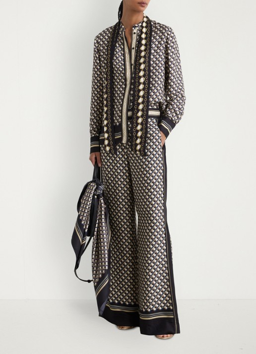 Reiss Carmine blouse met sjaalkraag met print - voorkant 3 donkerblauw