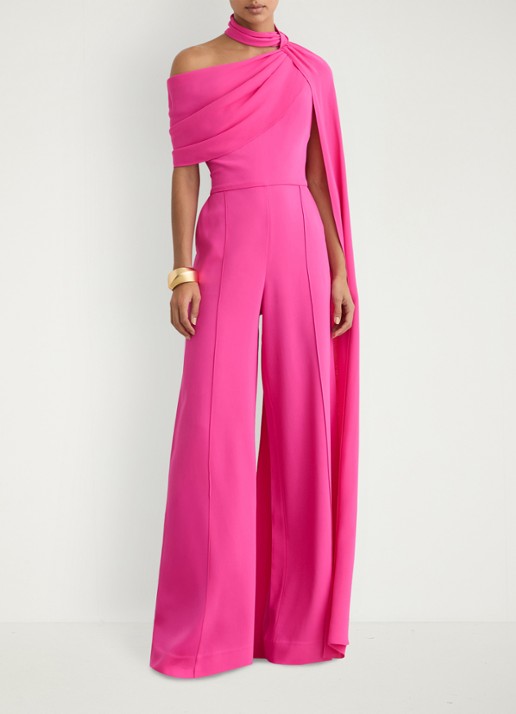 Reiss Carrie one shoulder wide fit jumpsuit met cape - voorkant 2 donkerroze