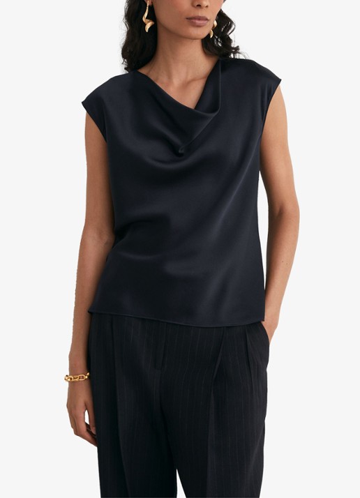 Reiss Cate top van zijde met watervalhals - detail donkerblauw