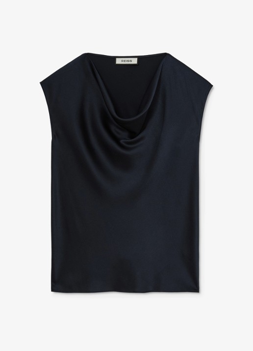 Reiss Cate top van zijde met watervalhals - voorkant 4 donkerblauw