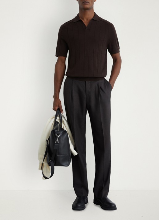 Reiss Chelmsford ribgebreide polo van wol  - voorkant 5 chocoladebruin