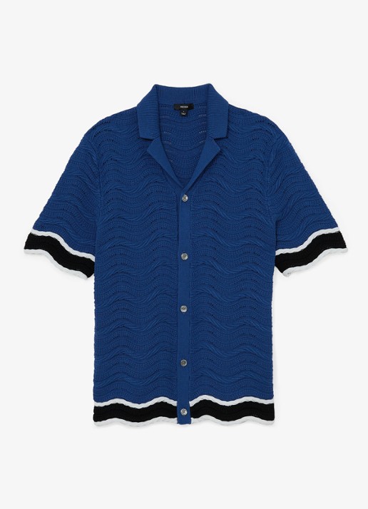 Reiss CIRO Cotton-Blend Wave-Knit Tipped Shirt - voorkant donkerblauw
