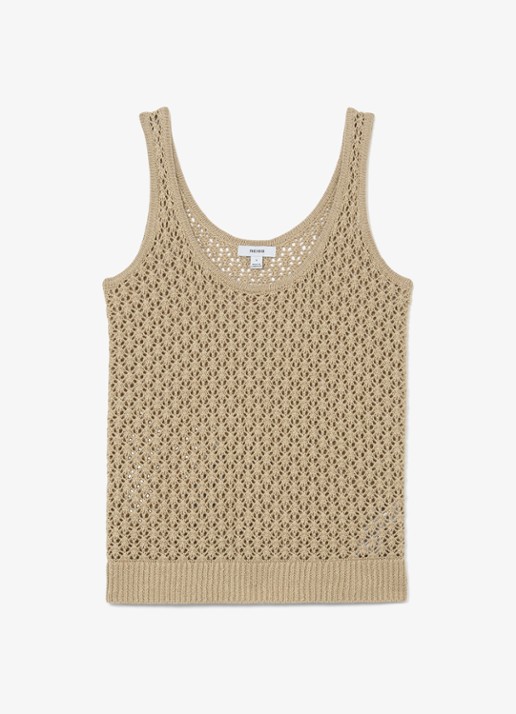Reiss Colette grofgebreide top van linnen - voorkant khaki