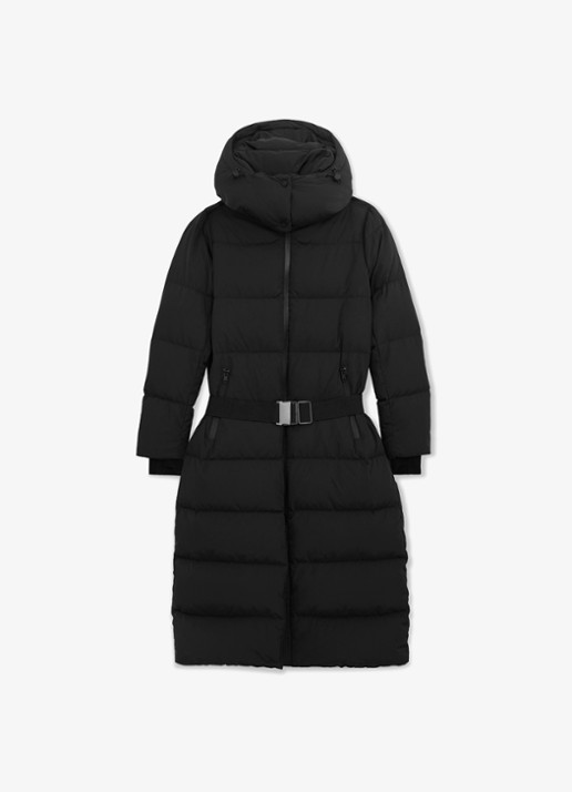 Reiss Colette longline puffer jas met ceintuur en capuchon - voorkant black / zwart