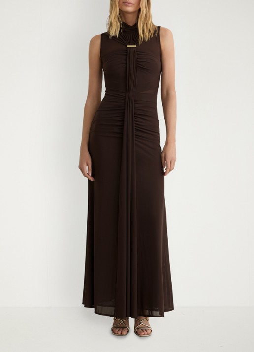 Reiss Colette maxi jurk met ruches - voorkant 3 chocoladebruin