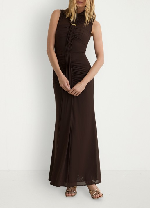 Reiss Colette maxi jurk met ruches - detail 2 chocoladebruin