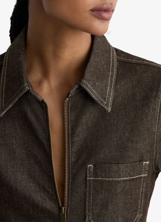Reiss Danie wide fit jumpsuit van denim - detail 4 chocoladebruin