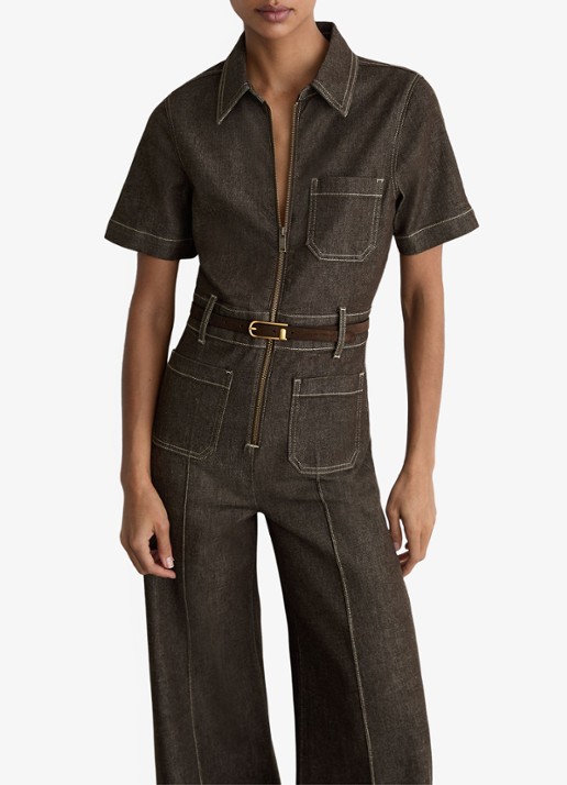 Reiss Danie wide fit jumpsuit van denim - detail 5 chocoladebruin