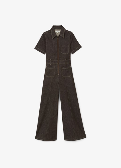 Reiss Danie wide fit jumpsuit van denim - voorkant chocoladebruin