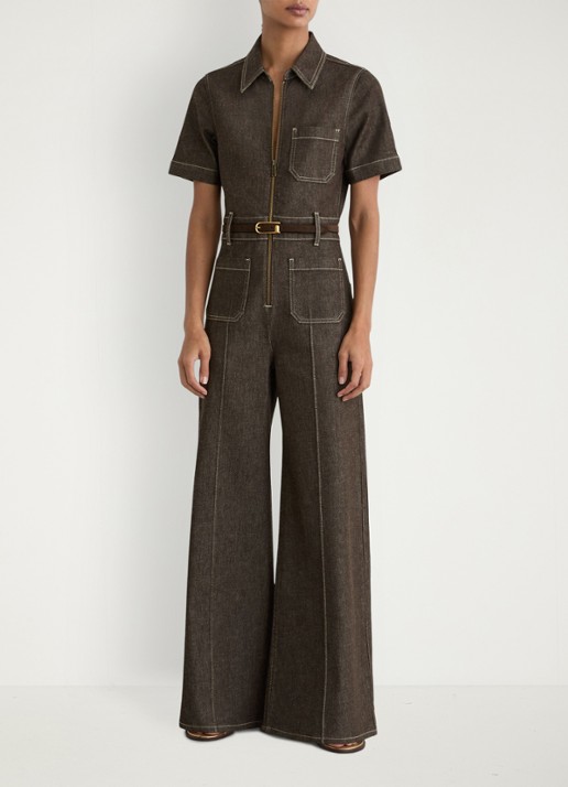 Reiss Danie wide fit jumpsuit van denim - voorkant 2 chocoladebruin