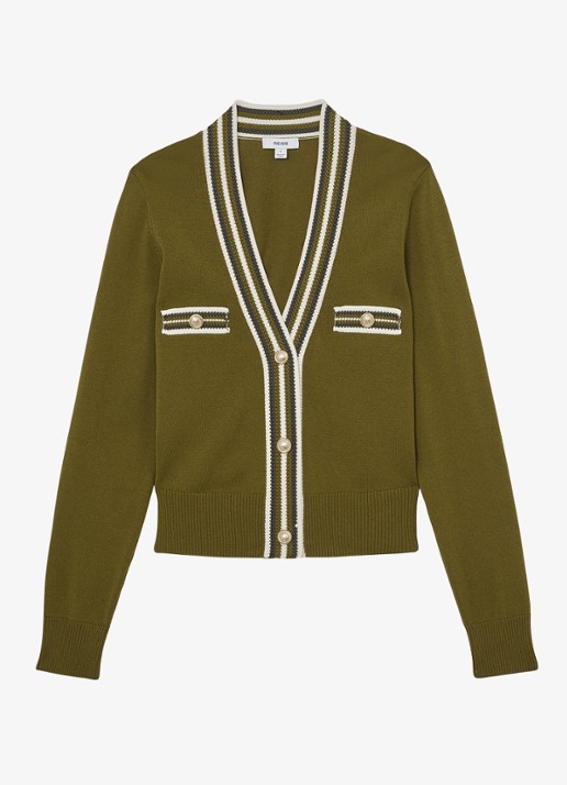 Reiss Danni fijngebreid vest met knoop detail - voorkant 2 bronsgroen