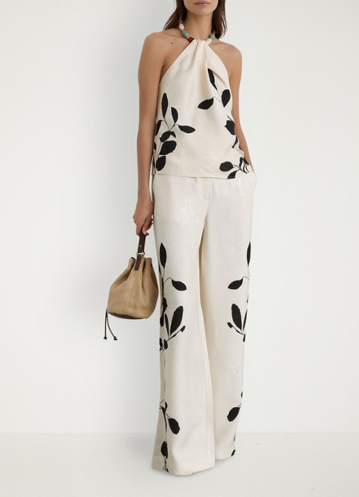 Reiss Delilah high waist wide fit pantalon met bloemenprint - voorkant 2 ivoor