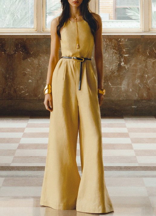 Reiss Della wide fit jumpsuit van linnen met strikceintuur - voorkant 2 geel