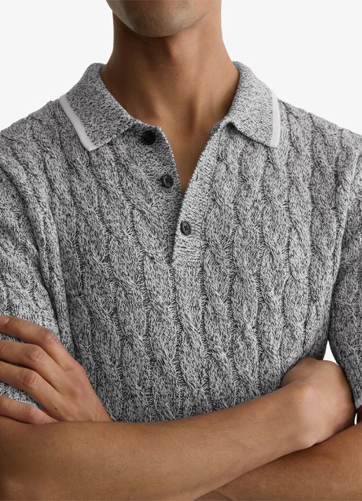 Reiss DENBY Cotton Cable-Knit Polo Shirt - detail 4 grijs