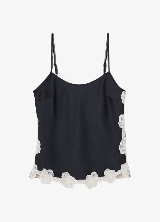 Reiss Doa top van satijn met bloemborduring - voorkant donkerblauw