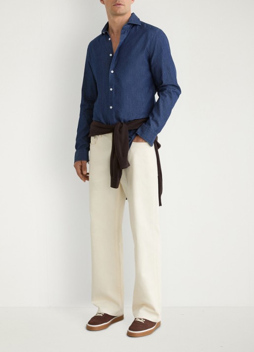 Reiss Don slim fit overhemd van chambray - voorkant 7 dark blue wash / blauw