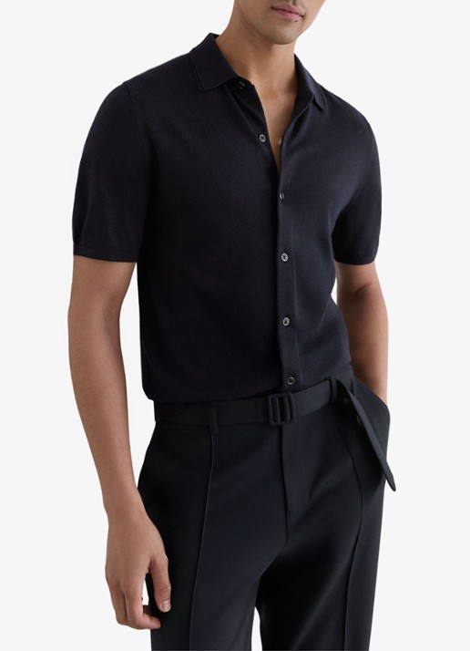 Reiss Drayton regular fit fijngebreid overhemd van wol - detail 3 navy / blauw