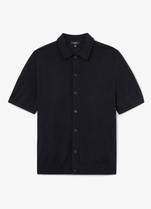 Reiss Drayton regular fit fijngebreid overhemd van wol - voorkant navy / blauw