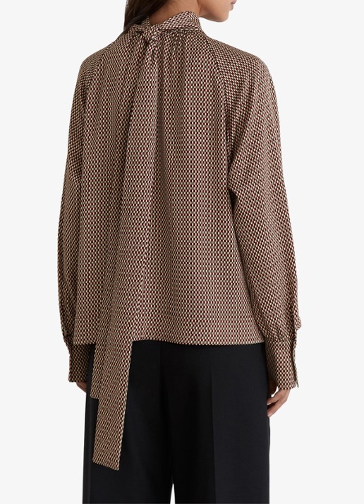 Reiss Eden top met stippenprint en sjaalkraag  - achterkant 3 bruin