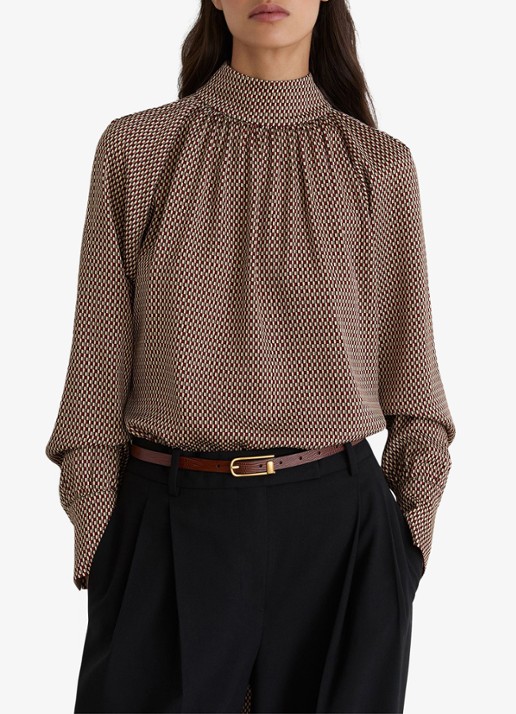 Reiss Eden top met stippenprint en sjaalkraag  - detail 4 bruin